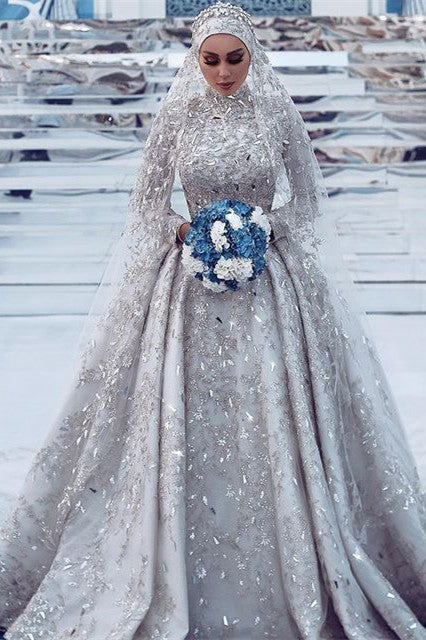 Elegant Lace Wedding Dress with High Neckline Crystal Beaded Appliques and Detachable Train