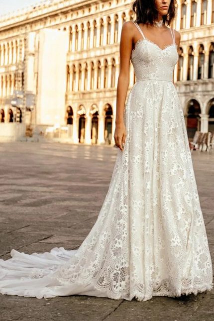 Romantic Boho French Lace Floor-Length Wedding Dress with Double Straps