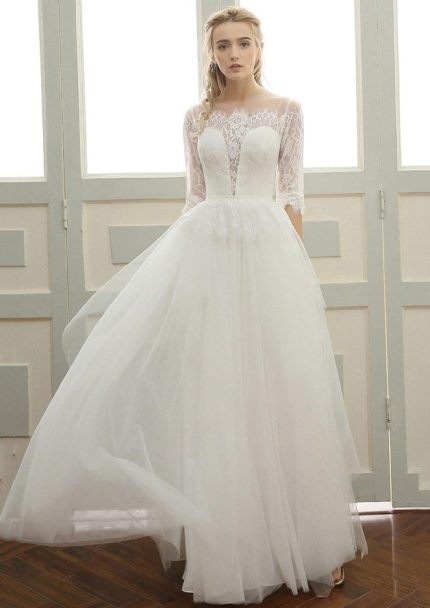 Beautiful Tulle Long Bridal Wedding Dress with Illusion Lace Sleeves and Buttons
