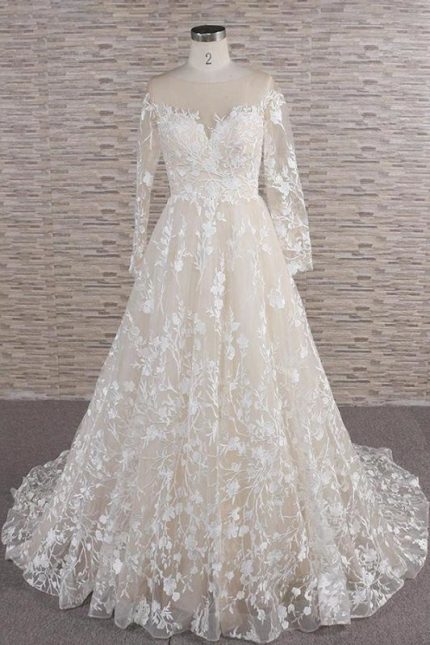 Stunning Tulle Wedding Dress with Illusion Long Sleeves and Appliques
