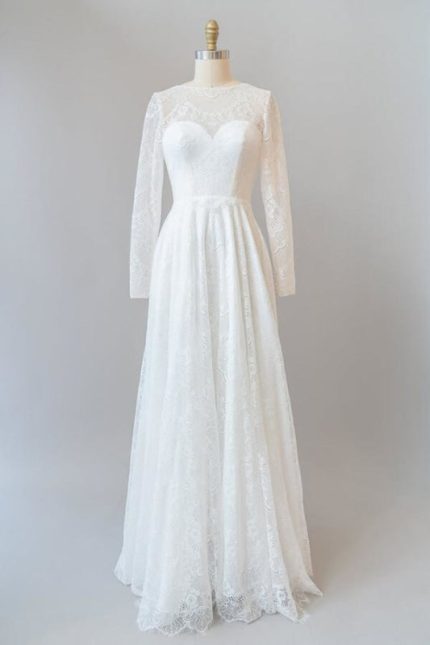 Beautiful A-Line Wedding Dress with Illusion Long Sleeves and Lace Details