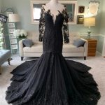 Glamorous Black Trumpet Wedding Dress with Illusion Long Sleeves Lace and Sequins