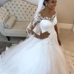 Graceful Floor-Length Lace Tulle Wedding Dress with Illusion Neckline and Long Sleeves