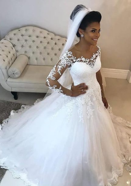 Graceful Floor-Length Lace Tulle Wedding Dress with Illusion Neckline and Long Sleeves