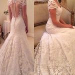 Exquisite Lace Wedding Dress with Illusion Short Sleeves Court Train and Buttons