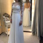 Gorgeous Bateau Chiffon Wedding Dress with Illusion Sleeve Backless Design and Lace Details