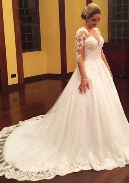 Stunning A-Line Lace Tulle Wedding Dress with Illusion Sleeve and Beaded Details