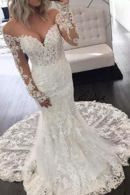 Elegant Long Wedding Dress with Illusion Sleeve and Lace Mermaid Silhouette