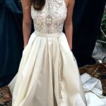 Ivory Halter Satin Beach Wedding Dress with A-Line Silhouette and Sweep Train