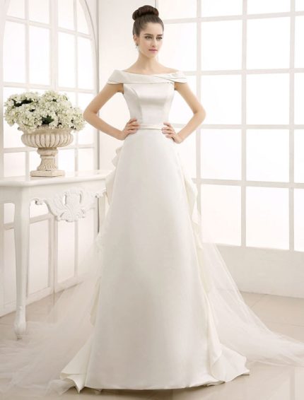Ruffled Off-the-Shoulder Ivory Wedding Dress with A-Line Silhouette and Sweep Train