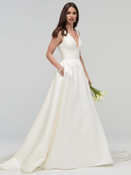 Elegant Satin Bridal Gown with Ivory A-Line Silhouette Pockets and V-Neckline