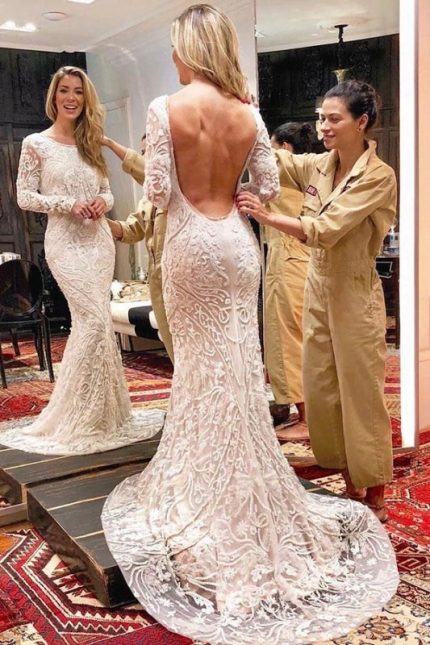 Gorgeous Mermaid Lace Wedding Dress with Backless Design and Long Sleeves Ivory