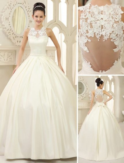 Exquisite Satin Ball Gown Bridal Wedding Gown with Jewel Neckline Bow and Floor-Length Hem