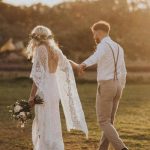 Rustic Backless Boho Wedding Dress with Ivory Lace and Batwing Sleeves
