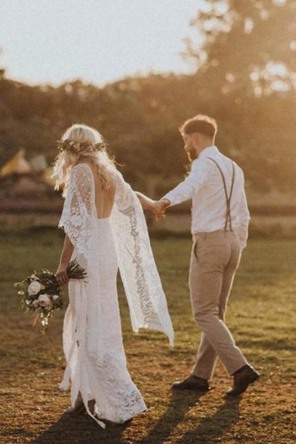 Rustic Backless Boho Wedding Dress with Ivory Lace and Batwing Sleeves