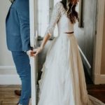 Affordable Two-Piece Ivory Wedding Dress with 3/4 SleevesRustic Chiffon Fabric