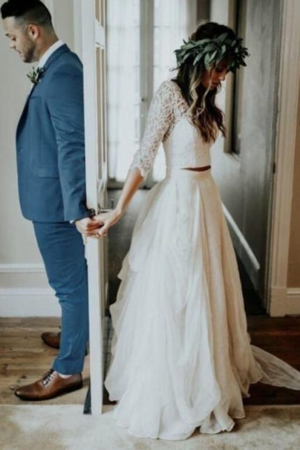 Affordable Two-Piece Ivory Wedding Dress with 3/4 SleevesRustic Chiffon Fabric