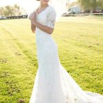 Graceful Sheath Bridal Wedding Dress with Half Sleeves Lace and Court Train Ivory