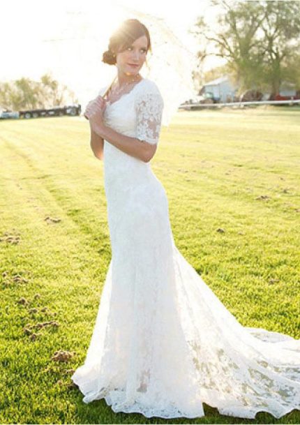 Graceful Sheath Bridal Wedding Dress with Half Sleeves Lace and Court Train Ivory