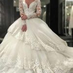 Vintage Plunging Long Sleeve Lace Appliques Wedding Dress Ivory