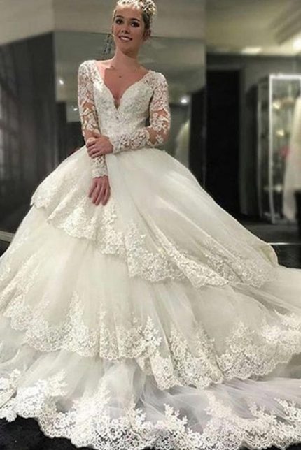 Vintage Plunging Long Sleeve Lace Appliques Wedding Dress Ivory
