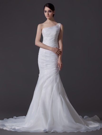 Stunning One-Shoulder Ivory Mermaid Wedding Dress with Ruched Organza