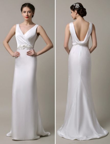 Embellished Sash Ivory Satin Wedding Dress with Deep V-Neck and Cowlback