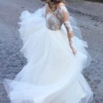 Beach Wedding Dress with Sheer Long Sleeves Lace and Tulle Ivory