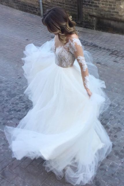 Beach Wedding Dress with Sheer Long Sleeves Lace and Tulle Ivory