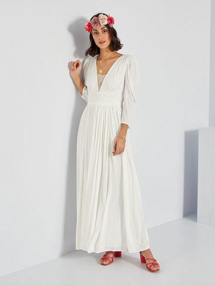 Pleated Floor-Length Chiffon Wedding Dress with A-Line Silhouette V-Neck and Long Sleeves Ivory