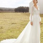 Lace Bridal Gowns with Long Sleeves and A-Line Silhouette Ivory