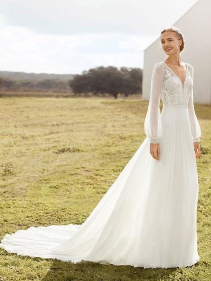 Lace Bridal Gowns with Long Sleeves and A-Line Silhouette Ivory