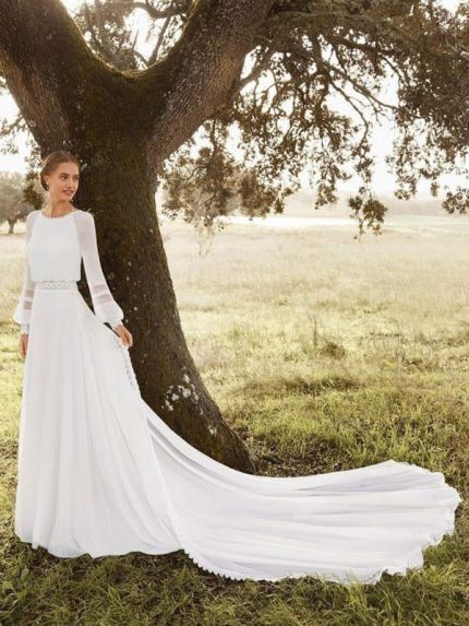 Chiffon Jewel Neck Lace Wedding Dress with Long Sleeves and A-Line Silhouette Ivory