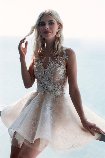 Ivory Sleeveless Homecoming Dress with Lace Applique and Puffy Flowers