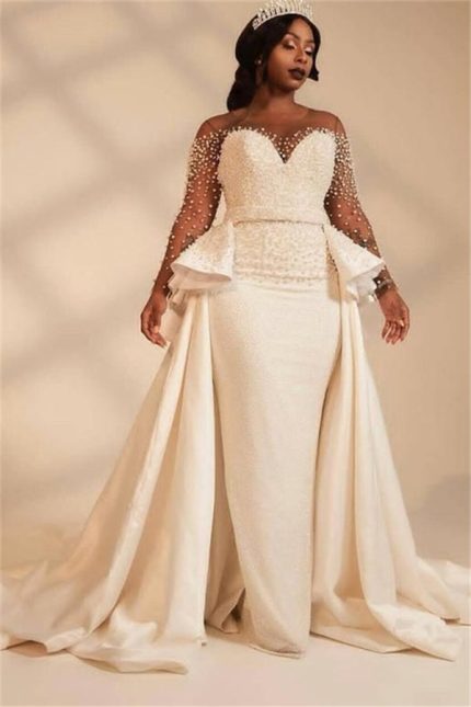 Thick Satin Mermaid Wedding Dress with Sweetheart Neckline and Overskirt Ivory