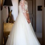 Half-Sleeve Ball Gown Wedding Dress with Ivory Tulle Lace and Button Details