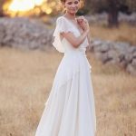 Unique Cap Sleeves Beach Wedding Dress with V-Neckline and Chiffon Ivory
