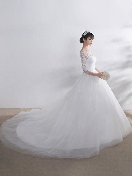 Illusion Sweetheart Backless Half-Sleeve A-Line Chapel Train Bridal Dress Ivory with Lace Applique