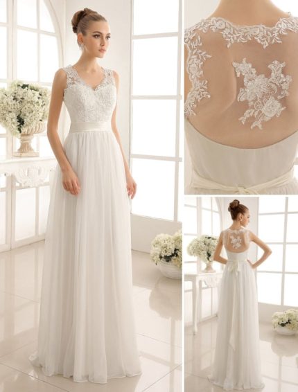 Wedding Gown with Lace Sash Bow and Sequins Ivory