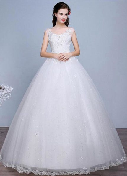 Floor-Length Bridal Gown with Rhinestones Beaded Details and A-Line Silhouette Ivory