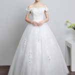 Beaded Floor-Length Bridal Dress with Off-The-Shoulder Lace Ball Gown Ivory