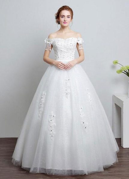 Beaded Floor-Length Bridal Dress with Off-The-Shoulder Lace Ball Gown Ivory