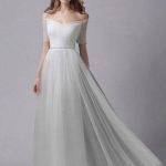 Sash Rhinestone Wedding Gown with Off-The-Shoulder Design Ivory