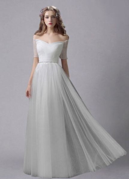 Sash Rhinestone Wedding Gown with Off-The-Shoulder Design Ivory