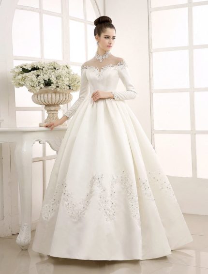 High Collar Applique Ball Gown Wedding Dress Ivory