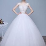 Round Neck Keyhole Floor Length Bridal DressesIvory A-Line Wedding Dresses with Lace Applique