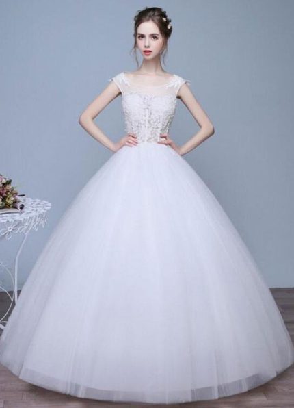 Round Neck Keyhole Floor Length Bridal DressesIvory A-Line Wedding Dresses with Lace Applique