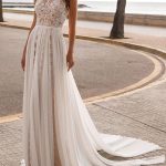 Sleeveless Applique Illusion Neckline Bridal GownsIvory A-Line Wedding Dresses with Court Train