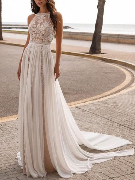 Sleeveless Applique Illusion Neckline Bridal GownsIvory A-Line Wedding Dresses with Court Train