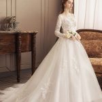 Princess Bridal Gown With TrainIvory Lace Applique Jewel Neck and 3/4 Length Sleeves